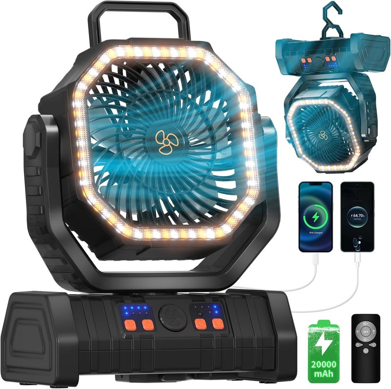 EEIFO Battery Operated Fan Portable Battery Powered Outdoor Camping Tent Fan with LED Lantern Light 20000mAh Rechargeable, Oscillating, 360° Rotating Hanging Hook, Cordless USB Desk Fan(Black) - Image 1
